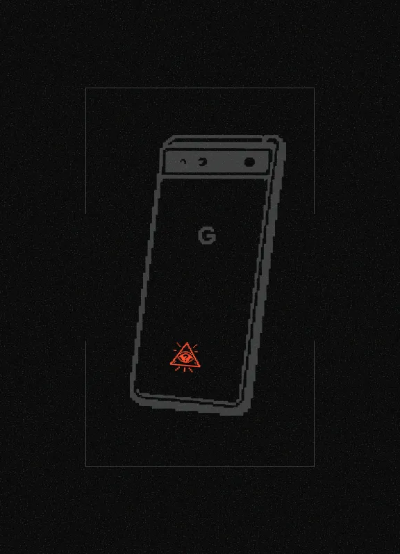 Pixel smartphone illustration with a 'G' logo and an illuminated red triangle eye symbol on the back.